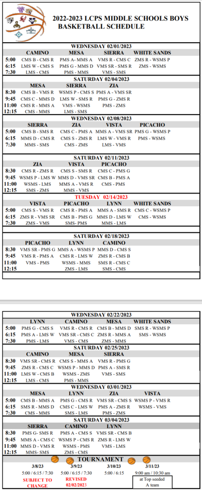 Revised Boys Basketball Schedule.
