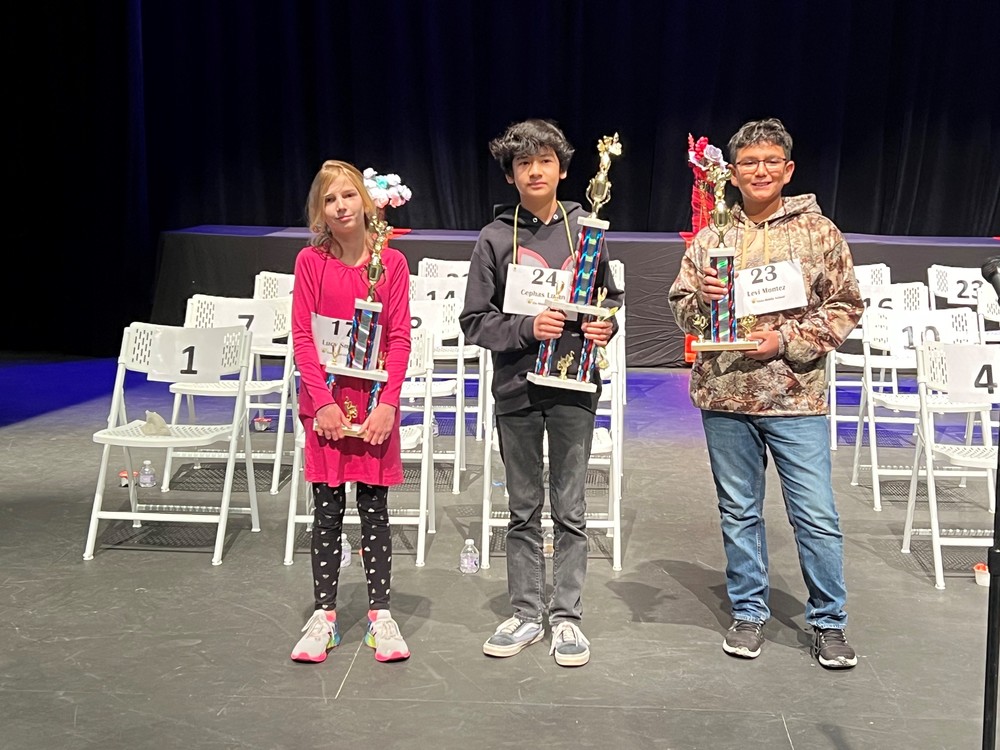 2023 LCPS Practice District Spelling Bee - (Left to right) 2nd Place – Lucy Smart, 1st Place – Cephas Lujan, and 3rd Place Levi Montez 