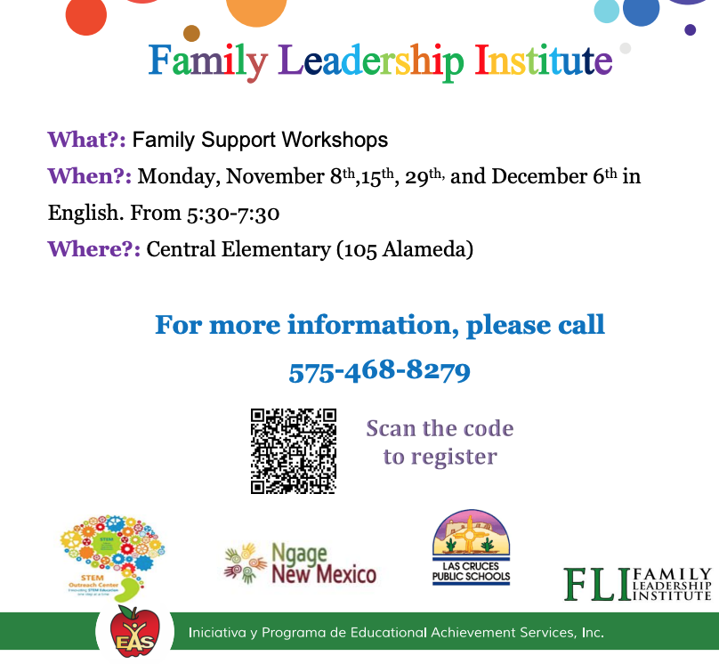 Family Leadership Institute Flyer announcing Family Support Workshops