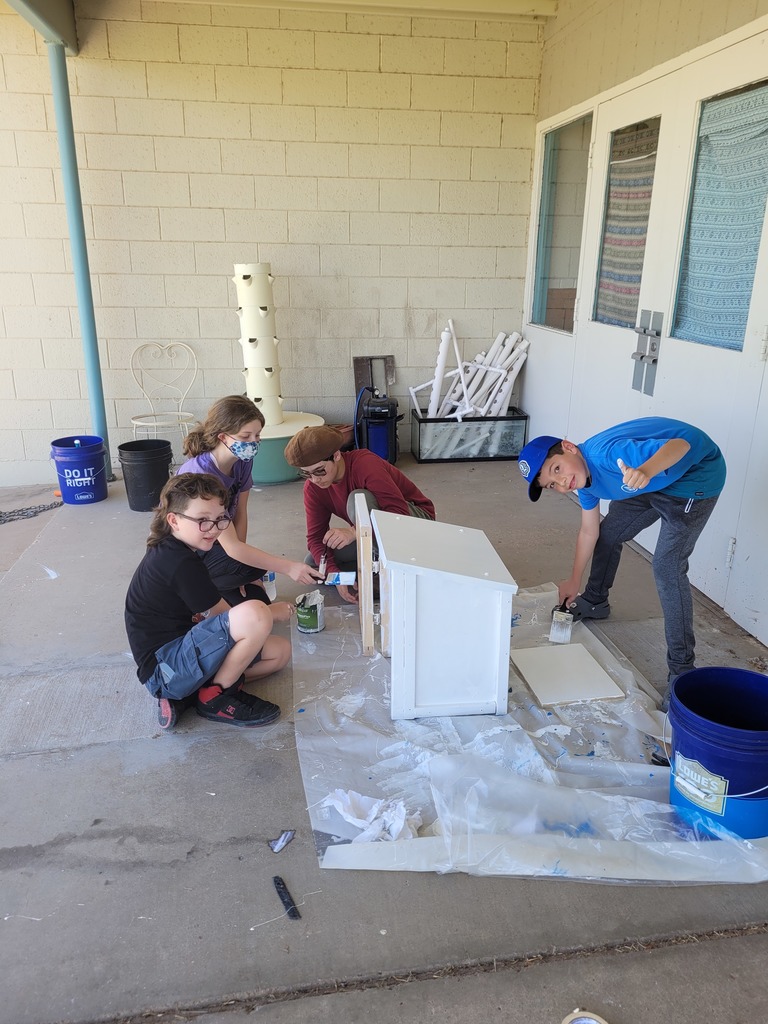 Students painting a little library.