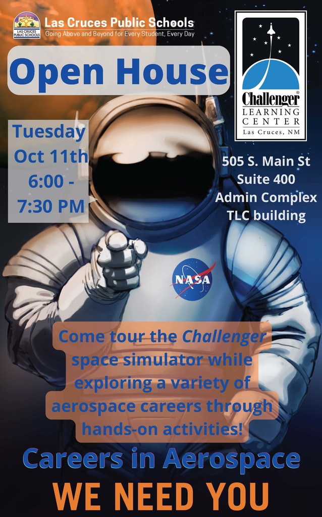Open House! Come tour the Challenger space simulator while exploring a variety of aerospace careers through hands-on activities. Find out what careers in aerospace are waiting for you.