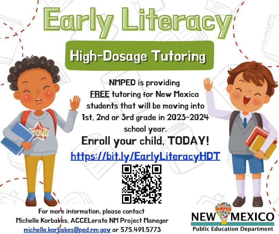 The first round of FREE high-dosage tutoring has earned high marks. Check out the upcoming FREE tutoring opportunities in early literacy (grades 1-3) and 6th-grade math. Registration is now open, and slots are filling up. New Mexico Public Education Department Las Cruces Public Schools #NM #LasCruces #FreeTutoring 