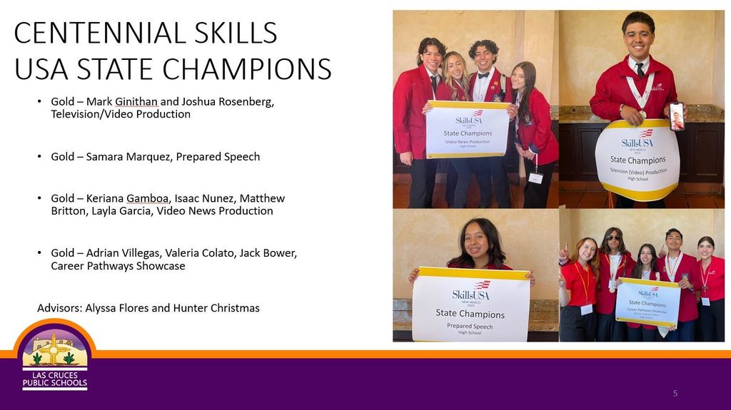 A big shout out to the Centennial NM Scholastic Press Association Journalism Champions and Skills USA State Champions! Centennial media was recognized for taking home several awards including the National Broadcast Award. Way to go, teams!