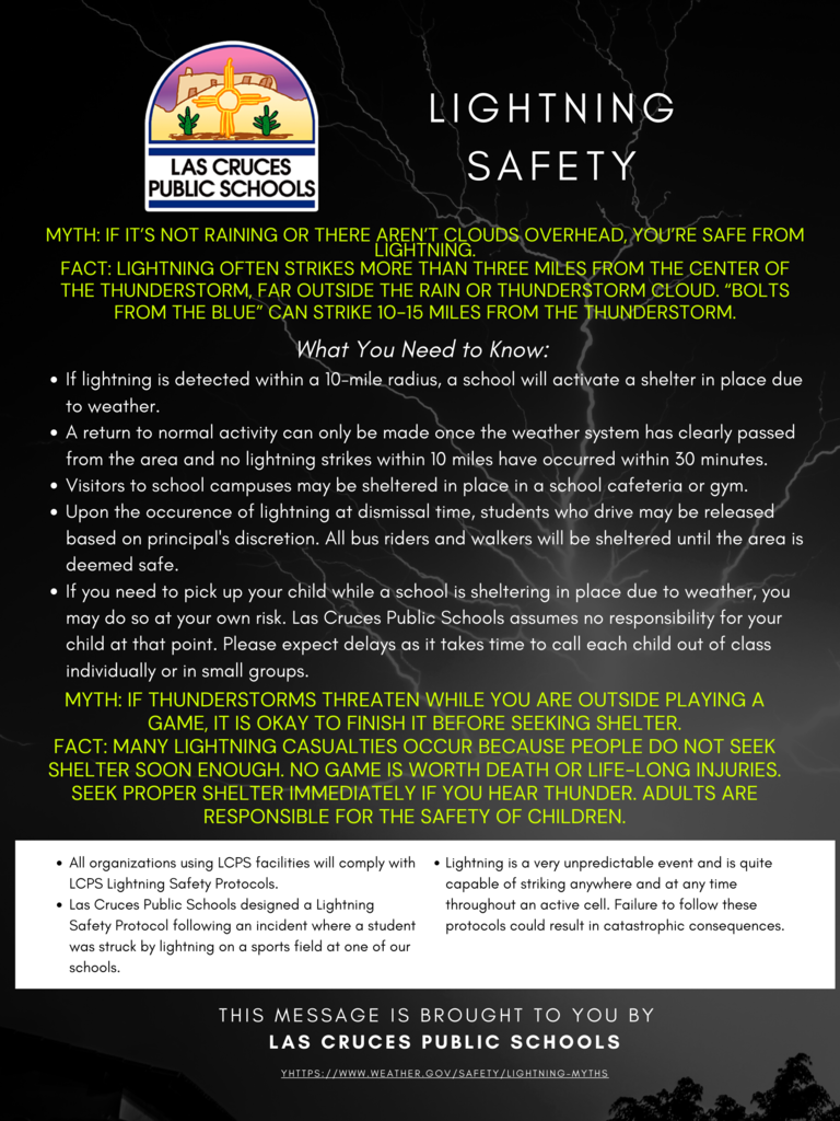 Dear parents and guardians, all middle schools at LCPS have gone into a shelter-in-place due to lightning detected within 10 miles of our schools. Upon the occurrence of lightning at dismissal time, students who drive may be released based on principal’s discretion. All bus riders and walkers will be sheltered until the area is deemed safe. If you are picking up your child while a school is sheltering in place due to weather, you may do so at your own risk. We apologize for the inconvenience. *Please note that buses will be running late today.