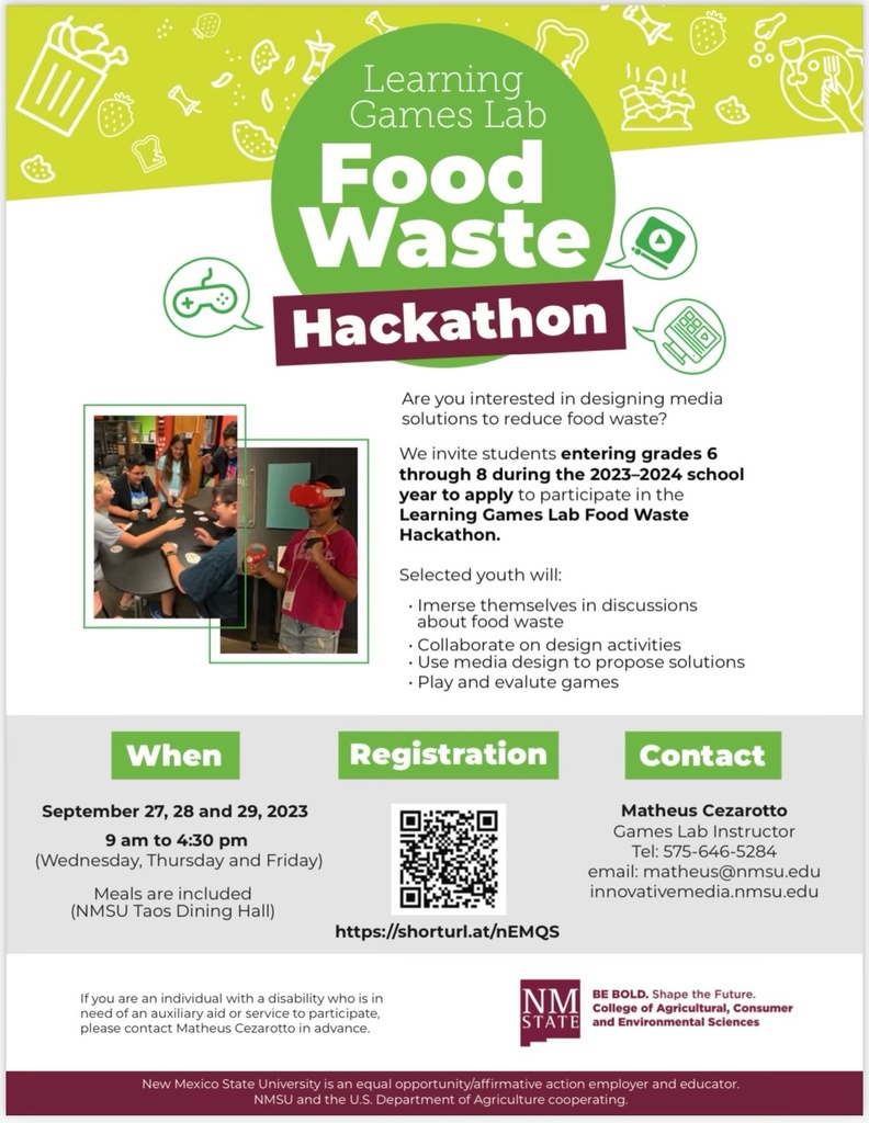 Are you interested in designing media solutions to reduce food waste? We invite students entering grades 6 through 8 during the 2023–2024 school year to apply to participate in the Learning Games Lab Food Waste Hackathon.